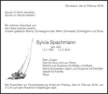 Traueranzeige von Sylvia Spachmann von Waiblinger Kreiszeitung
