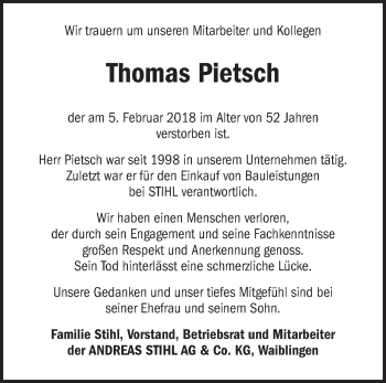 Traueranzeige von Thomas Pietsch von Waiblinger Kreiszeitung