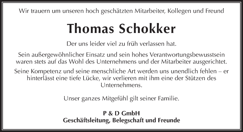  Traueranzeige für Thomas Schokker vom 19.02.2018 aus Waiblinger Kreiszeitung