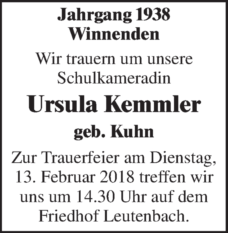  Traueranzeige für Ursula Kemmler vom 12.02.2018 aus Waiblinger Kreiszeitung