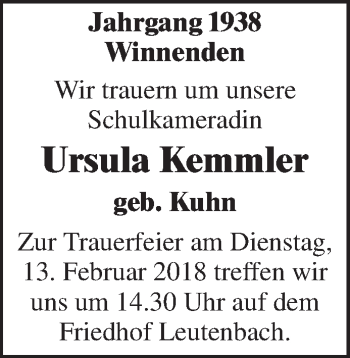 Traueranzeige von Ursula Kemmler von Waiblinger Kreiszeitung