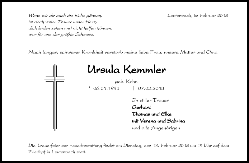  Traueranzeige für Ursula Kemmler vom 10.02.2018 aus Waiblinger Kreiszeitung