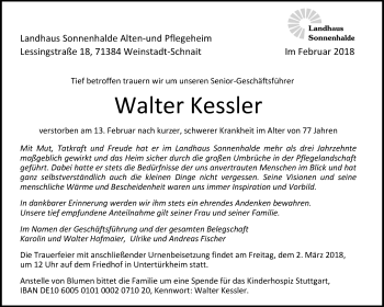 Traueranzeige von Walter Kessler von Waiblinger Kreiszeitung