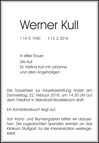 Traueranzeige von Werner Kull von Waiblinger Kreiszeitung
