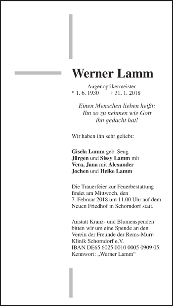 Traueranzeige von Werner Lamm von Waiblinger Kreiszeitung