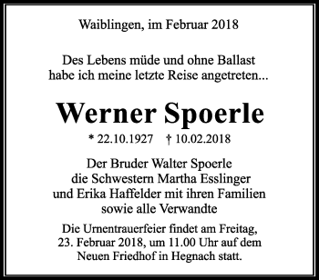 Traueranzeige von Werner Spoerle von Waiblinger Kreiszeitung