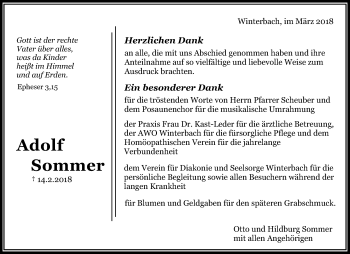 Traueranzeige von Adolf Sommer von Waiblinger Kreiszeitung