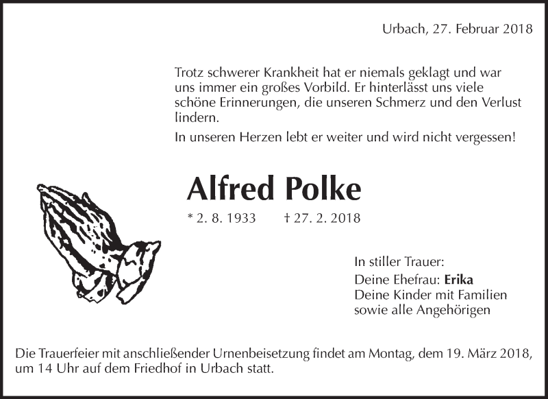  Traueranzeige für Alfred Polke vom 15.03.2018 aus Waiblinger Kreiszeitung