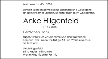 Traueranzeige von Anke Hilgenfeld von Waiblinger Kreiszeitung
