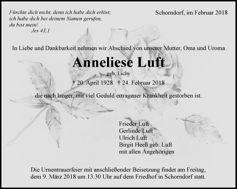  Traueranzeige für Anneliese Luft vom 05.03.2018 aus Waiblinger Kreiszeitung
