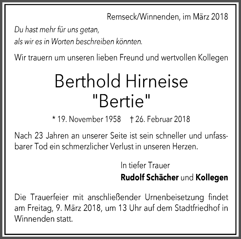  Traueranzeige für Berthold Hirneise vom 06.03.2018 aus Waiblinger Kreiszeitung