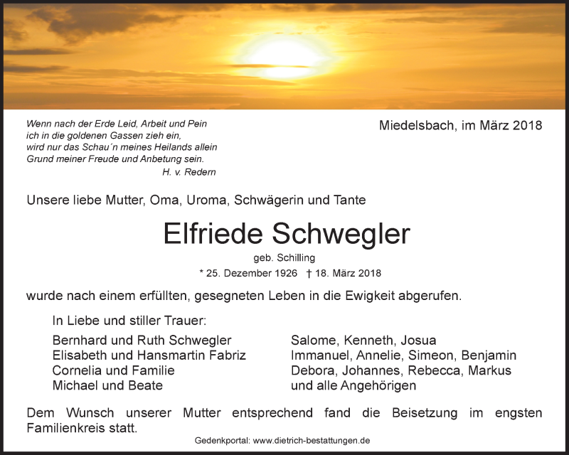  Traueranzeige für Elfriede Schwegler vom 27.03.2018 aus Waiblinger Kreiszeitung