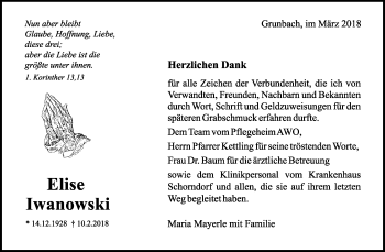 Traueranzeige von Elise Iwanowski von Waiblinger Kreiszeitung