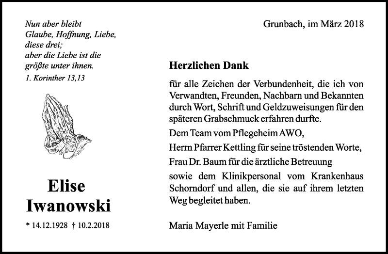  Traueranzeige für Elise Iwanowski vom 01.03.2018 aus Waiblinger Kreiszeitung