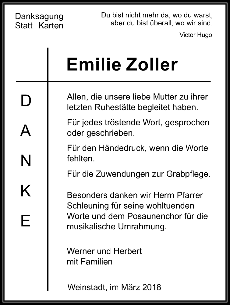  Traueranzeige für Emilie Zoller vom 13.03.2018 aus Waiblinger Kreiszeitung