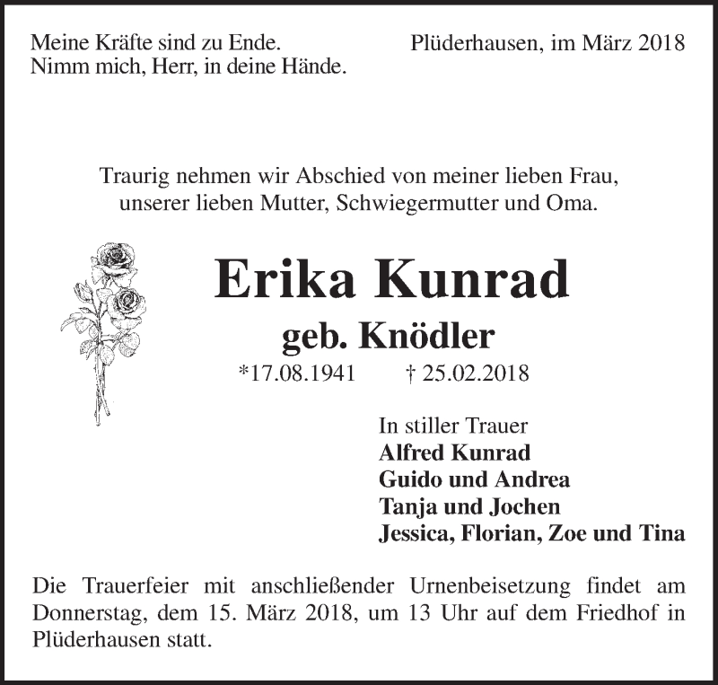  Traueranzeige für Erika Kunrad vom 10.03.2018 aus Waiblinger Kreiszeitung
