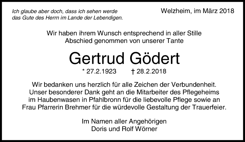  Traueranzeige für Gertrud Gödert vom 10.03.2018 aus Waiblinger Kreiszeitung