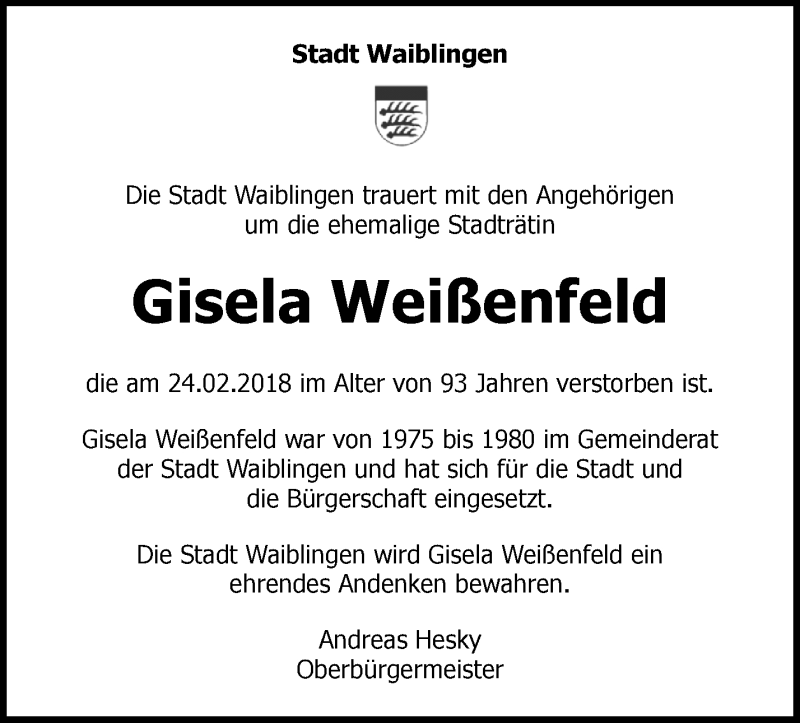  Traueranzeige für Gisela Weißenfeld vom 06.03.2018 aus Waiblinger Kreiszeitung