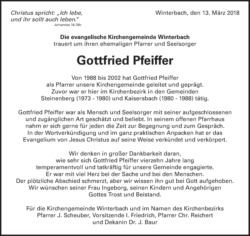  Traueranzeige für Gottfried Pfeiffer vom 13.03.2018 aus Waiblinger Kreiszeitung