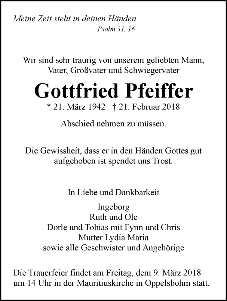  Traueranzeige für Gottfried Pfeiffer vom 05.03.2018 aus Waiblinger Kreiszeitung