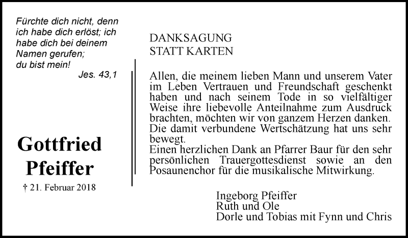  Traueranzeige für Gottfried Pfeiffer vom 23.03.2018 aus Waiblinger Kreiszeitung
