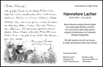Traueranzeige von Hannelore Lacher von Waiblinger Kreiszeitung