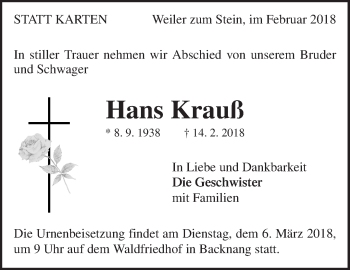 Traueranzeige von Hans Krauß von Waiblinger Kreiszeitung