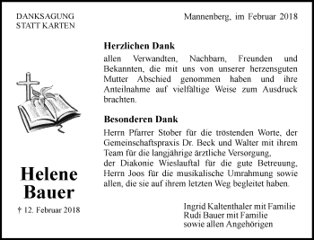 Traueranzeige von Helene Bauer von Waiblinger Kreiszeitung