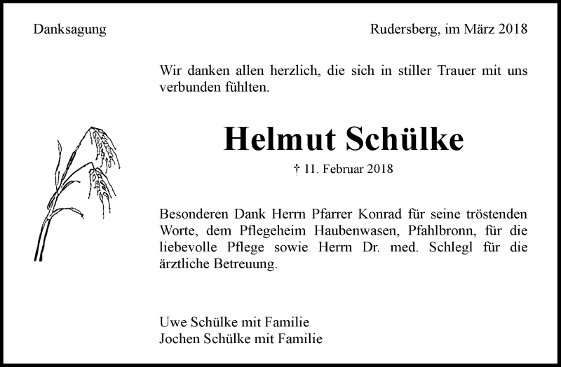  Traueranzeige für Helmut Schülke vom 09.03.2018 aus Waiblinger Kreiszeitung