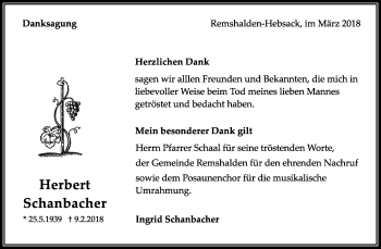 Traueranzeige von Herbert Schanbacher von Waiblinger Kreiszeitung