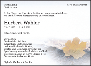 Traueranzeige von Herbert Wahler von Waiblinger Kreiszeitung
