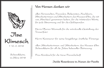 Traueranzeige von Ilse Klimesch von Waiblinger Kreiszeitung