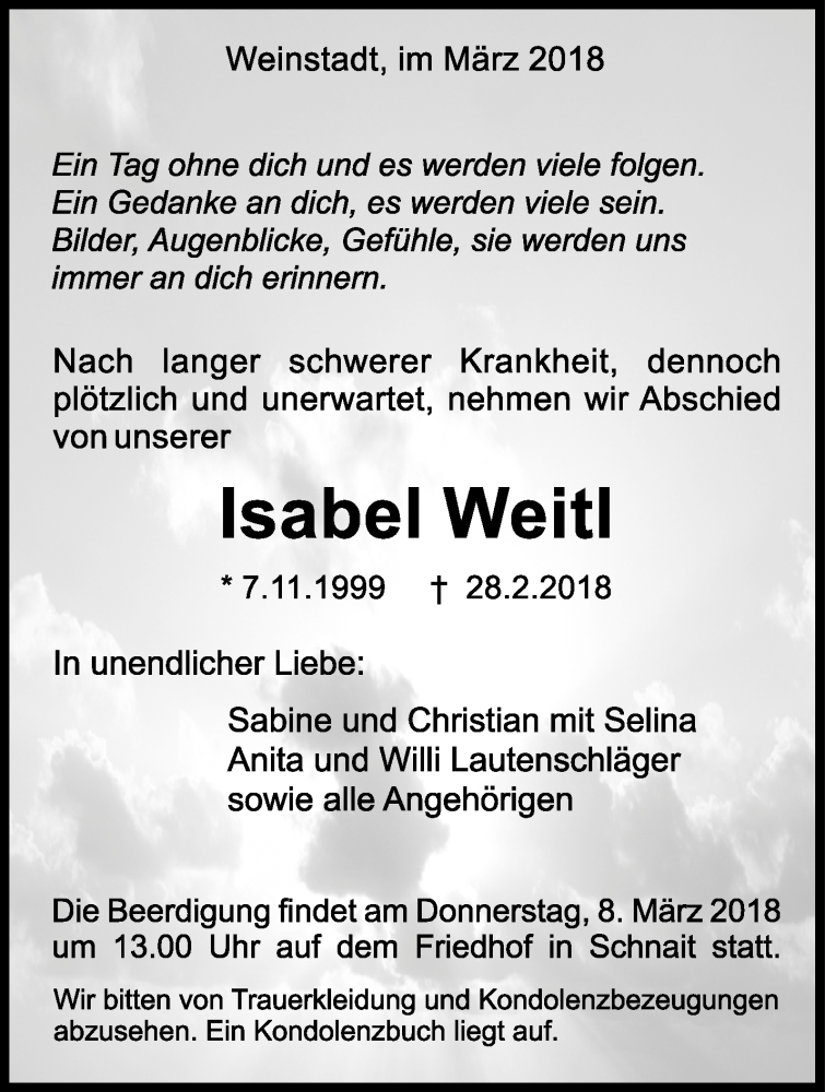  Traueranzeige für Isabel Weitl vom 05.03.2018 aus Waiblinger Kreiszeitung