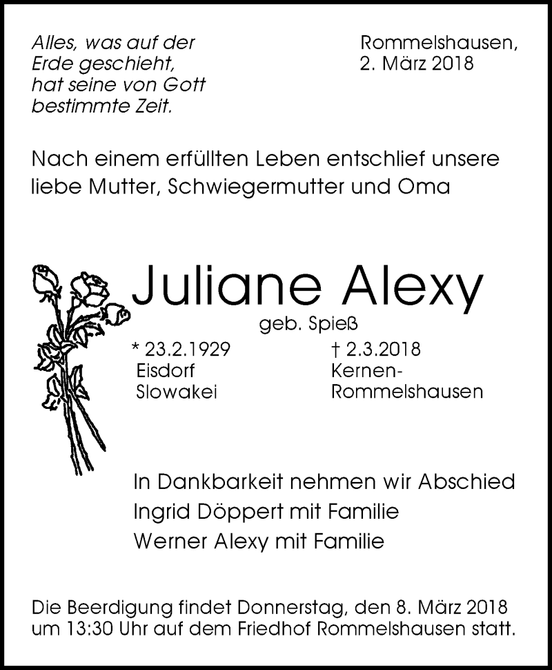  Traueranzeige für Juliane Alexy vom 06.03.2018 aus Waiblinger Kreiszeitung