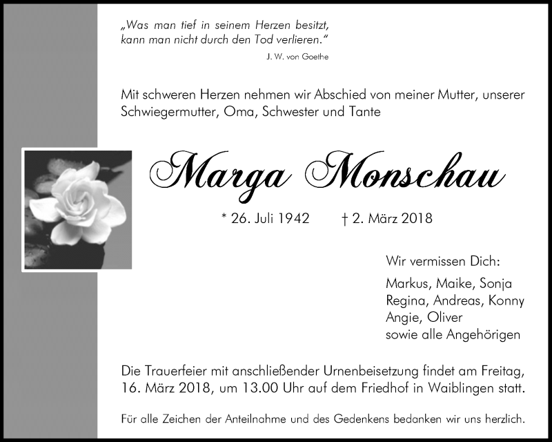  Traueranzeige für Marga Monschau vom 10.03.2018 aus Waiblinger Kreiszeitung