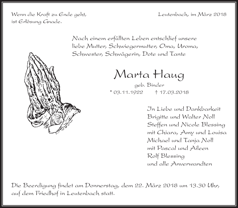  Traueranzeige für Marta Haug vom 19.03.2018 aus Waiblinger Kreiszeitung