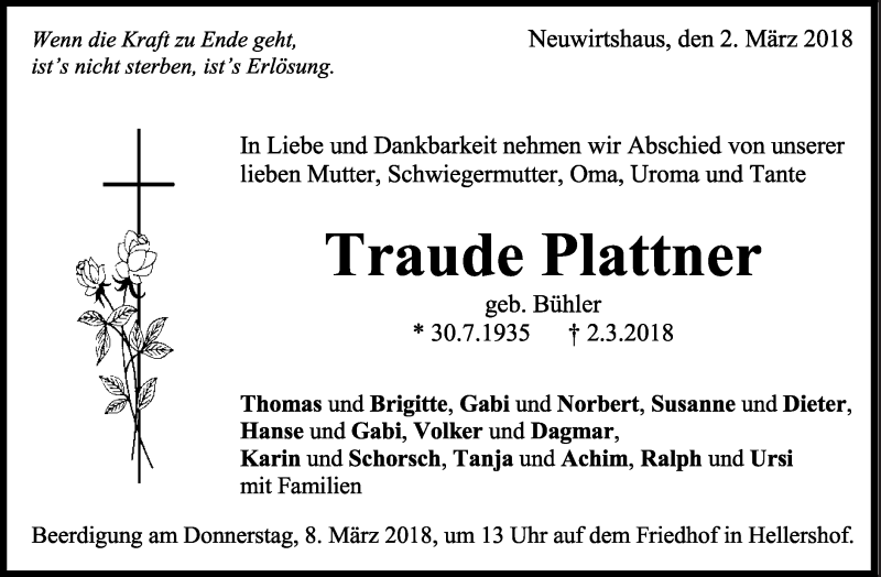  Traueranzeige für Traude Plattner vom 05.03.2018 aus Waiblinger Kreiszeitung