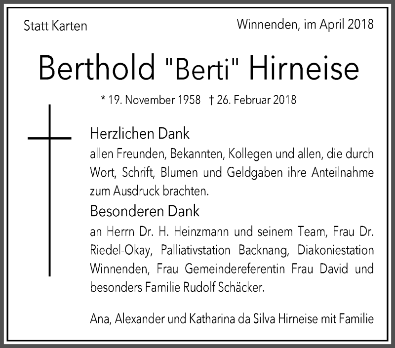  Traueranzeige für Berthold Berti Hirneise vom 12.04.2018 aus Waiblinger Kreiszeitung