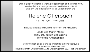 Traueranzeige von Helene Otterbach von Waiblinger Kreiszeitung