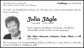Traueranzeige von Julia Jägle von Waiblinger Kreiszeitung