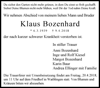 Traueranzeige von Klaus Bozenhard von Waiblinger Kreiszeitung