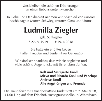 Traueranzeige von Ludmilla Ziegler von Waiblinger Kreiszeitung