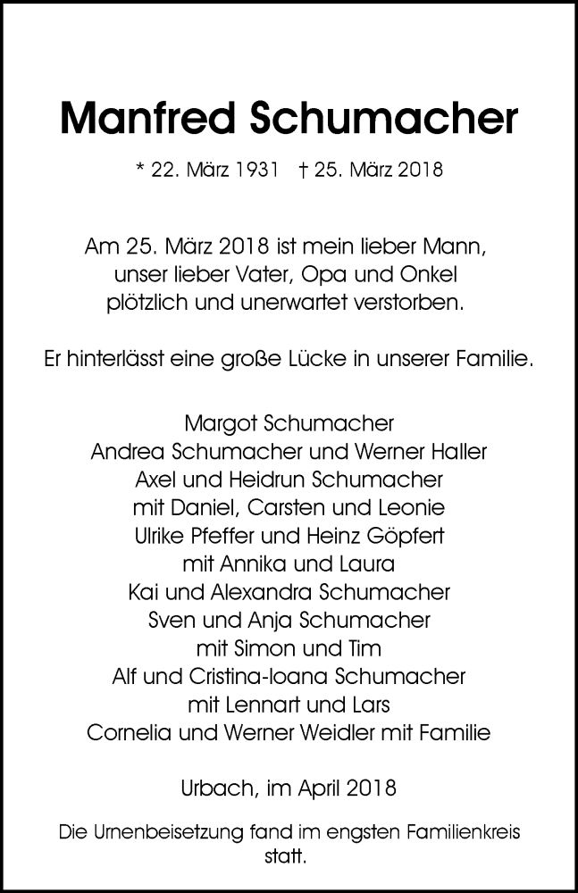  Traueranzeige für Manfred Schumacher vom 06.04.2018 aus Waiblinger Kreiszeitung