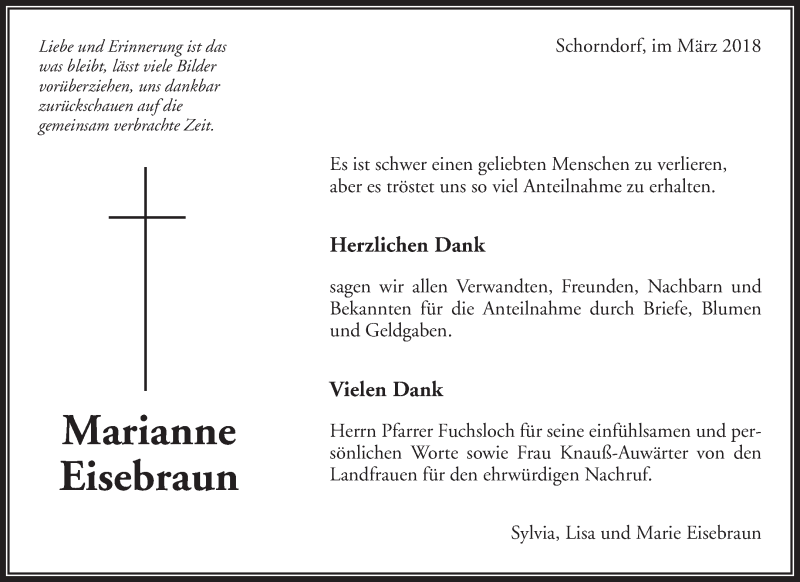  Traueranzeige für Marianne Eisebraun vom 05.04.2018 aus Waiblinger Kreiszeitung