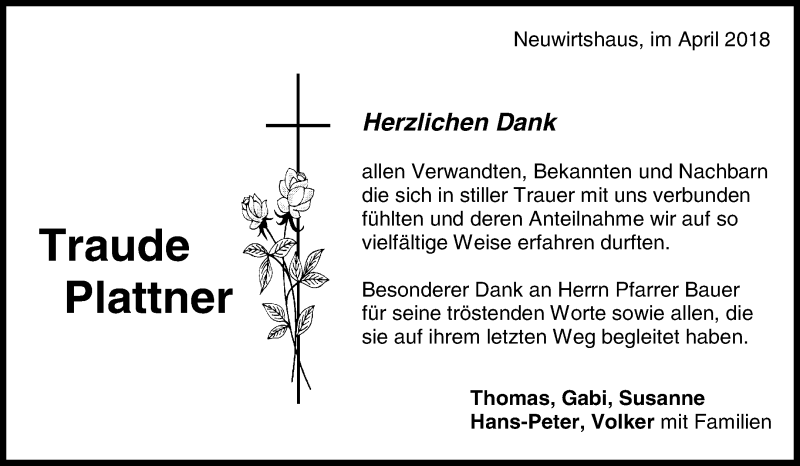  Traueranzeige für Traude Plattner vom 05.04.2018 aus Waiblinger Kreiszeitung