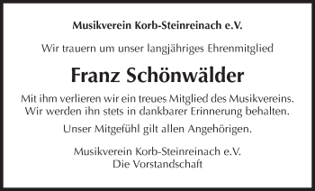 Traueranzeige von Franz Schönwälder von Waiblinger Kreiszeitung