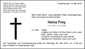 Traueranzeige von Heinz Frey von Waiblinger Kreiszeitung