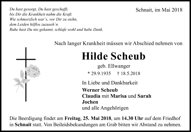  Traueranzeige für Hilde Scheub vom 22.05.2018 aus Waiblinger Kreiszeitung