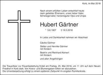 Traueranzeige von Hubert Gärtner von Waiblinger Kreiszeitung