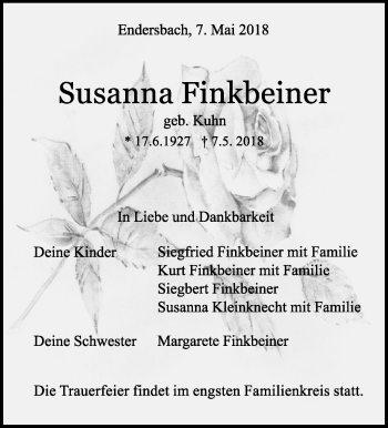 Traueranzeige von Susanna Finkbeiner von Waiblinger Kreiszeitung